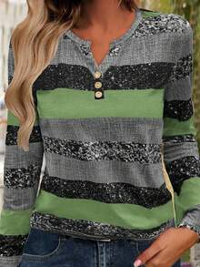 EMERY ROSE Camiseta de manga larga con cuello en V y botones a rayas, estampado aleatorio, camisetas gráficas de otoño para mujer, tops para atuendos de primavera