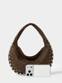 SHECARRY Women's Solid Color Studded Fashionable Shoulder Bag Espresso Brown - Coffee Brown - View 3