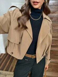 SHEIN LUNE 女士卡其色风衣外套，V领翻领，腰部褶裥设计，优雅教师风，适合感恩节、万圣节、秋冬季节穿着，时尚街头休闲外套 - 卡其色 - 查看 6