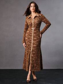 Anewsta High-End Design Autumn/Winter Lace Patchwork PU Leather Metal Button Embellished Slim Fit Dress - Coffee - View 3
