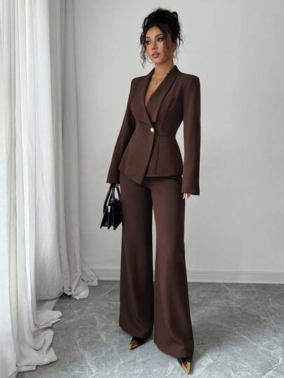 Elenzga Women's Suit Set, Suit Fabric, Lapel Collar, Long Sleeve, Waist Cinched A-Line Asymmetric Hem, Metal Button Decor, Sophisticated & Elegant For Office, Commute, Street Style, French Romantic, Casual, Middle Eastern Vintage, Afternoon Tea, Party, Thanksgiving, Back To School, Spring/Autumn/Winter