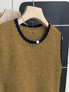 Franclia Casual Loose Crew Neck Sleeveless Knit Contrast Trim Khaki Sweater Top For Women, Spring/Autumn - Ginger - View 4