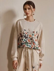Anewsta Fashionable Round Neck Printed Casual Women Long Sleeve Sweatshirt, Elegant - Yellow - View 6