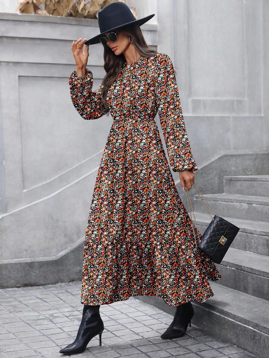 SHEIN LUNE Váy dài tay họa tiết hoa cổ tròn xếp ly dáng chữ A lãng mạn, cổ điển, thu đông cho nữ - Nhiều màu - Xem 1