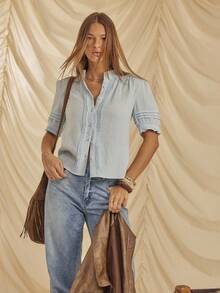 Aralina 女士时尚优雅秋冬休闲 Y2K 泡泡袖荷叶边领纽扣上衣，非常适合外出装和万圣节装 - 淺藍色 - 查看 12