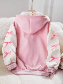 Sparklyn 女童休闲连帽羊毛夹克，袖子饰有粉色蝴蝶结，正面有蝴蝶刺绣，白色纽扣开合，适合秋冬季外出、通勤，搭配长袖毛衣和裤子 - 粉色 - 查看 2