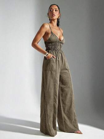 Denimoi Women's Solid Color Deep V-Neck Ruched Waist Sexy Wide Leg Loose Jumpsuit