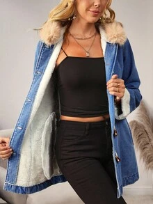 EMERY ROSE Women's Casual Denim Jacket With Fur Collar And Horn Buttons, Autumn/Winter - Blue - View 2