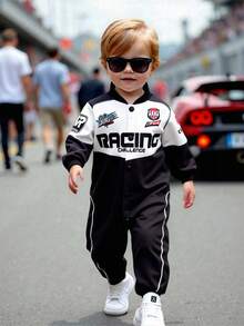 SHEIN 男婴加厚撞色字母印花拼接时尚可爱赛车连体裤，舒适百搭时尚休闲，适合秋冬季室内、户外滑雪、日常、运动、玩耍、派对、摄影 - 黑色 - 查看 3