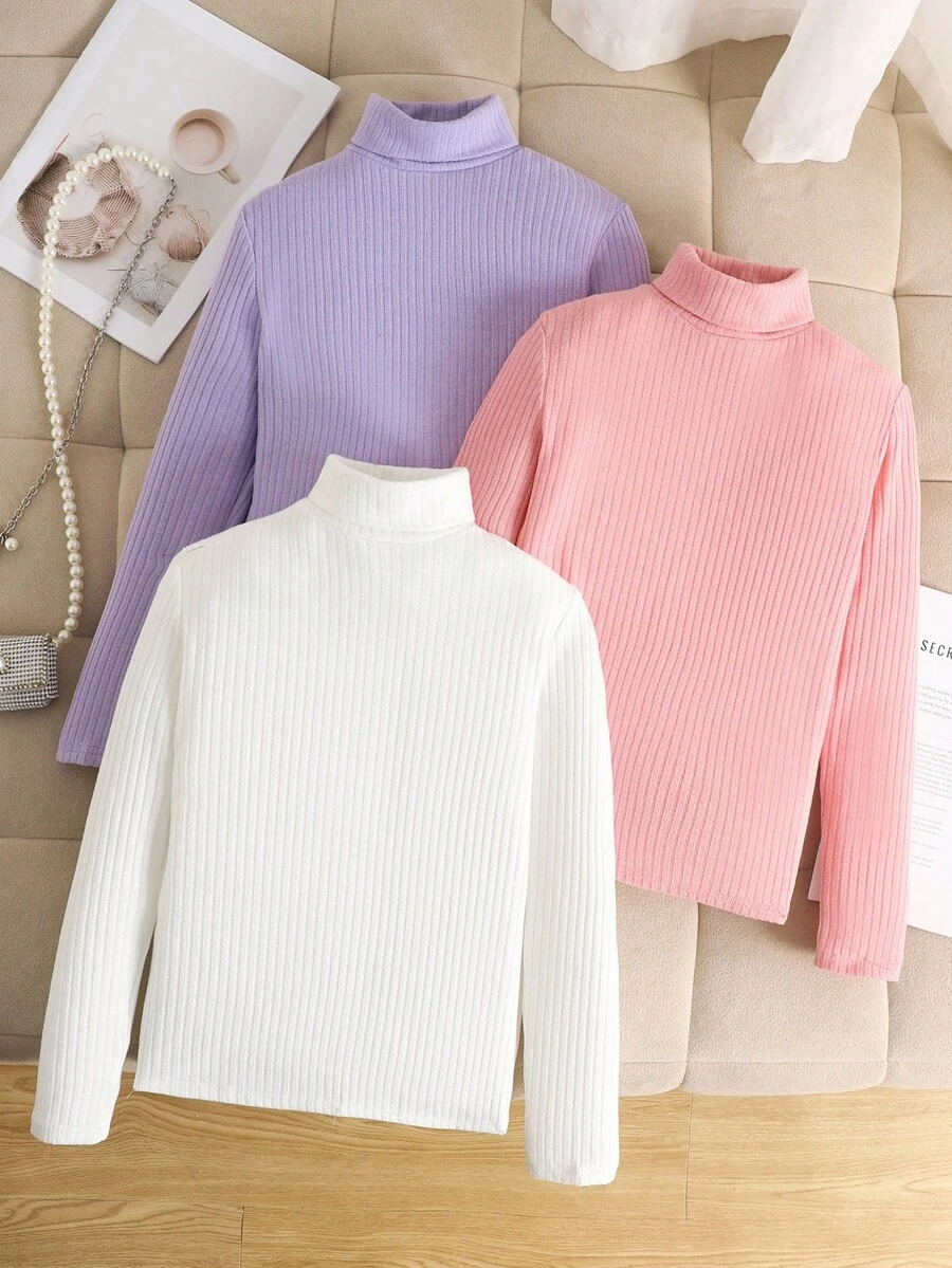 SHEIN 3件套青少年女童休闲纯色针织圆领长袖上衣 - 彩色 - 查看 1