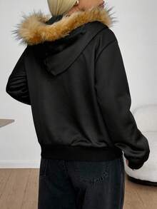 Attitoon 女士休闲宽松前开连帽长袖毛领运动衫，适合秋冬季，保暖内衬，复古 - 黑色 - 查看 3