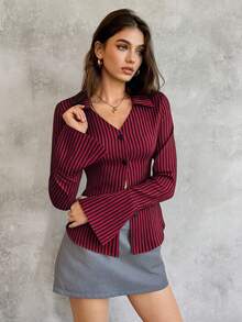 SHEIN Unity Women's Plain Color Bell Sleeve Button Front Casual Shirt, Autumn Fall Cloth For Women - Burgundy - View 6