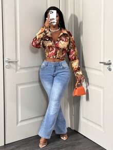 BamGleam Áo khoác lửng họa tiết hoa tay dài, cài khuy đơn giản dành cho nữ, mùa thu - Nhiều màu - Xem 7