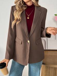 SHEIN LUNE 女士休闲露背口袋西装外套，摩卡棕色和紫色棕色西装外套女士女士西装外套棕色夹克女士秋冬西装外套 - 摩卡棕 - 查看 5