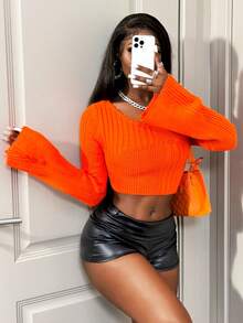 BamGleam Women's Sweater Knitted Long Sleeved Round Neck Flared Sleeve With Cropped Navel Orange Loose Vacation Travel Casual Party Women's Clothing Spring And Autumn Summer Winter Autumn - Orange - View 8
