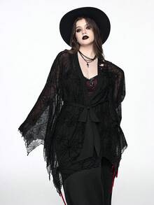 ROMWE Plus Size Women Gothic Party Bat Wing Spider Web Flocked Lace-Up Front Top, Halloween - Black - View 1