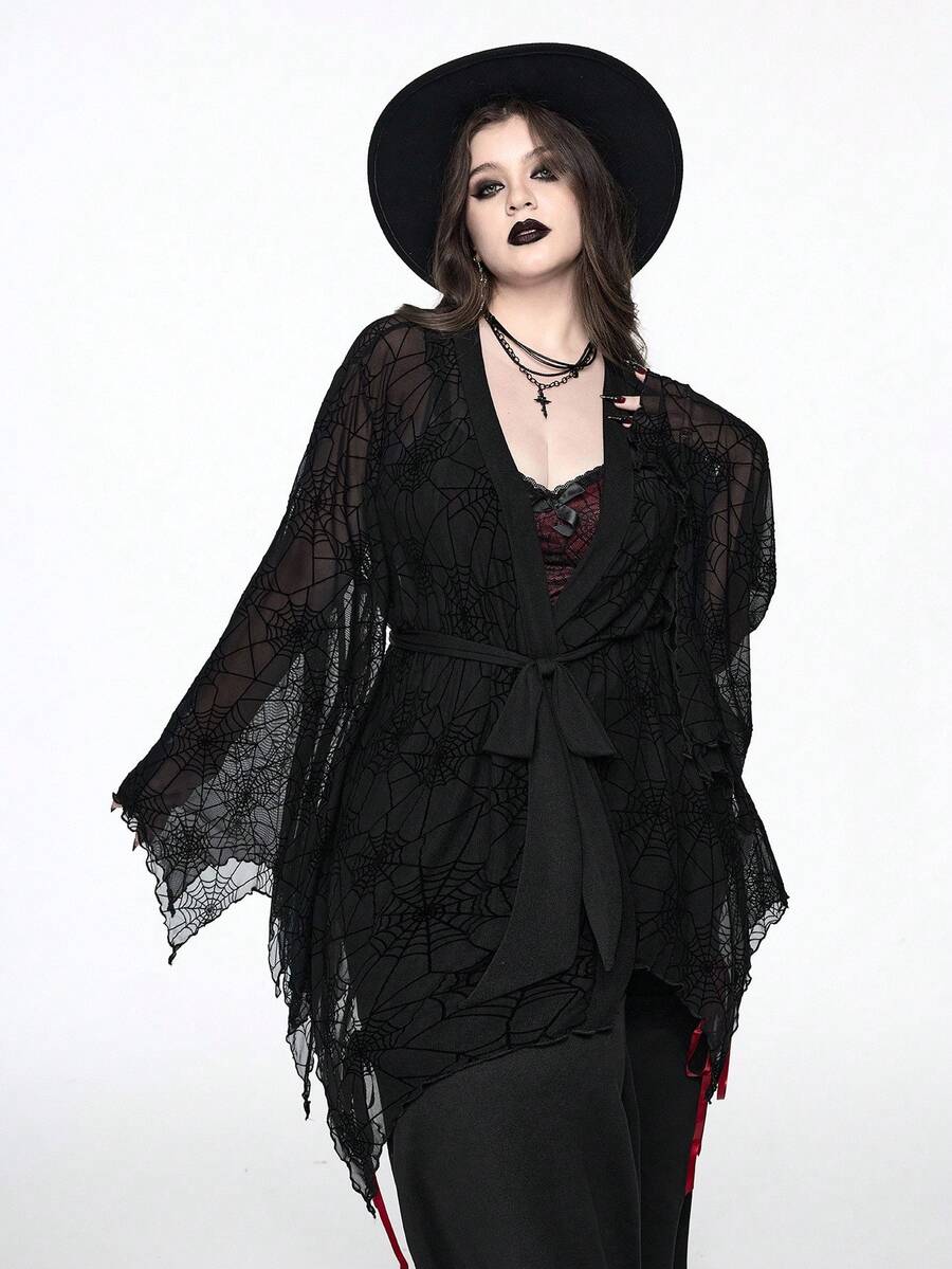 ROMWE Plus Size Women Gothic Party Bat Wing Spider Web Flocked Lace-Up Front Top, Halloween - Black - View 1