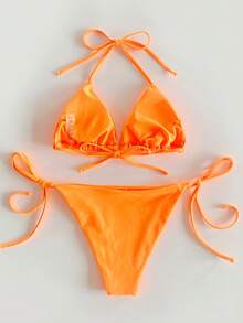Swim Basics Summer Beach Halter Triangle Tie Side Bikini Set, Bathing Suit - Orange - View 2