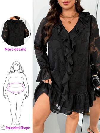 Enliva Jennifer_samantha_style Plus Size Women Long Sleeve Loose Dress, Laser Cut Detail Fabric, For Apple Rounded Body Shape