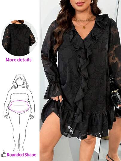 Enliva Jennifer_samantha_style Plus Size Damklänning med långa ärmar, lös klänning, laserskuret tyg, för rundad äppelform