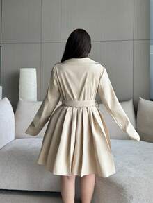 Vibekara Fall/Winter Casual V-Neck Short Windbreaker Dress, Long Sleeve Waist Cinched Vintage Pocket Stylish Outerwear Dress