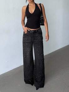 Aloruh 女式低腰亮片拼接优雅口袋牛仔裤 - 灰色 - 查看 3