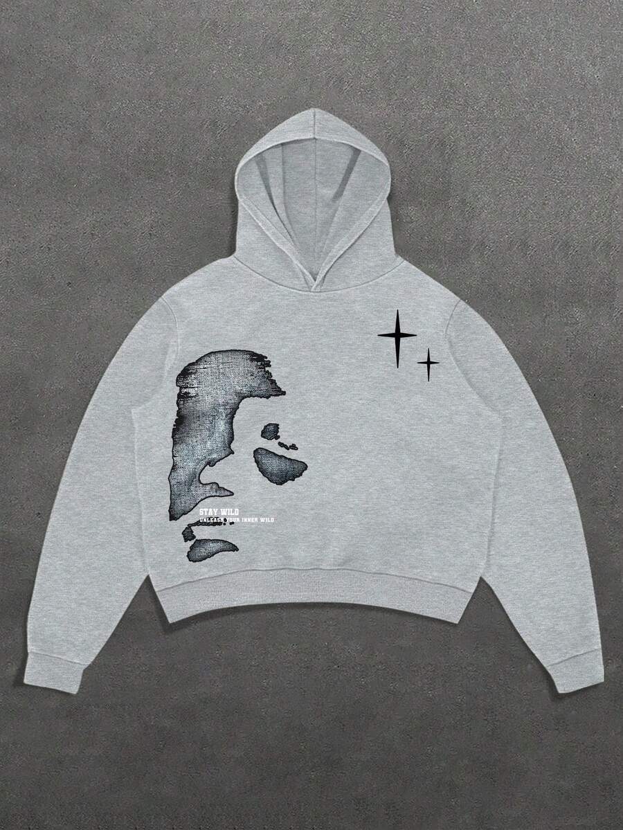 GENIUS ODE 男士人脸字母印花连帽衫，休闲简约街头风套头卫衣，秋冬款，长袖上衣 - 灰色 - 查看 1