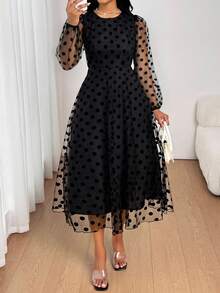 SHEIN Lady 大码优雅波尔卡圆点网眼灯笼袖连衣裙，适合通勤 - 黑色 - 查看 7