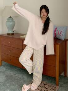 DAZY V-Neck Loose Knit Long Sleeve Top & Pants 2 Pieces Lounge Set For Women, Casual Loungewear For Autumn/Winter, Cozy Outfit Thermal Lined Clothes - Pink - View 12