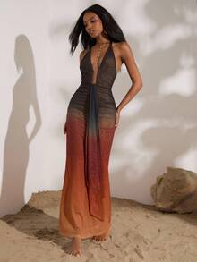 Opulessa 女士时尚性感渐变色露背吊带连衣裙 - 棕色 - 查看 4