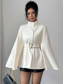 Elenzga Áo khoác ngoài thanh lịch cổ đứng màu trơn tay lửng cho nữ, mùa thu/đông - Màu be - Xem 5