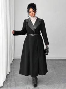 Elenzga 大码女装时尚简约商务通勤优雅休闲日常百搭前片皮革拼接纽扣腰带修身纯色夹克 - 黑色 - 查看 7