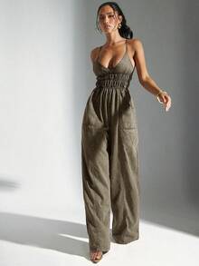 Denimoi 女式纯色深V领褶饰腰部性感宽腿宽松连体裤 - 軍綠色 - 查看 3