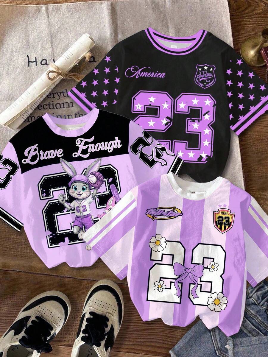 SHEIN Leap Crew 3 件套青少年女孩休闲图案 T 恤，复古街头风格，兔子，花卉，数字 23，条纹图案，短袖圆领 T 恤，紫色和黑色，夏季 - 彩色 - 查看 1