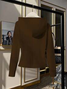 GlowEve Áo nỉ dài tay màu trơn dành cho nữ, kiểu dáng thường ngày, có khóa kéo phía trước và dây rút. - Cà phê nâu - Xem 2