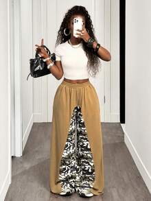 SHEIN BamGlam Women's Camouflage & Star Print Contrast Color Elastic Waist Loose Casual Sweatpants - Khaki - View 6
