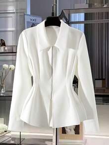 Franclia Women's Fashionable Polo Collar Zipper Design Pleated Cinched Waist Long Sleeve Jacket