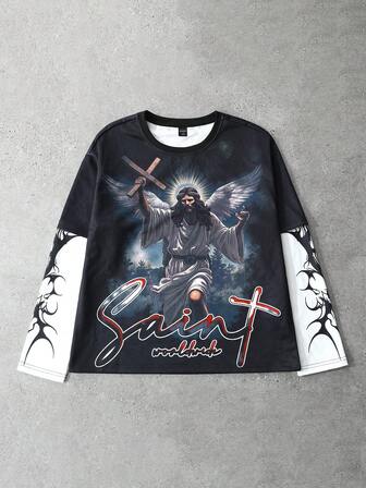 Street Life Men's Pullover Hoodie, 2 In 1 Round Neck Long Sleeve T-Shirt, Unique Religious Print Design