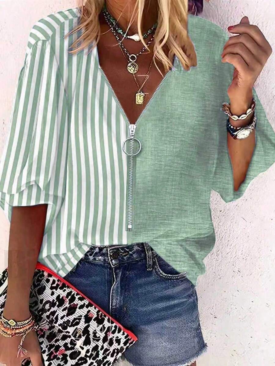 EMERY ROSE Women Striped Print Zip-Up Casual Short Sleeve Shirt - Green - View 1