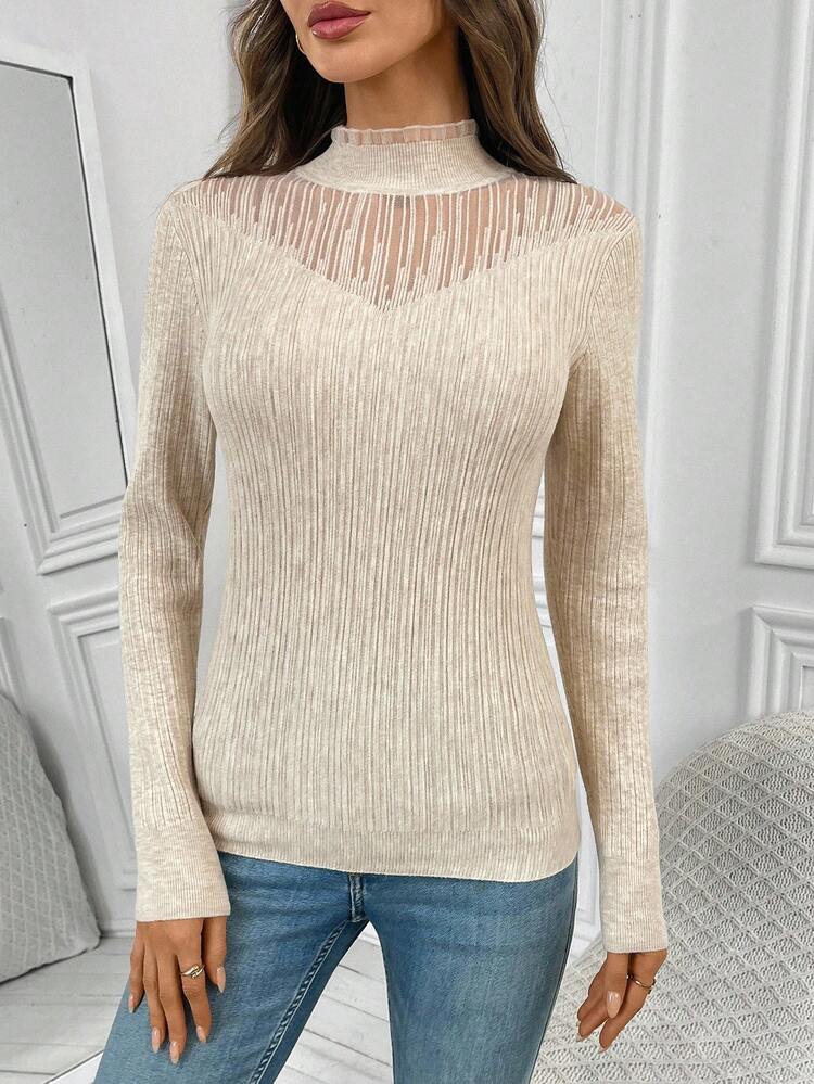 Nouveau pull femme en tricot ajouré col roulé avec doublure en maille, coupe slim, style automne casual