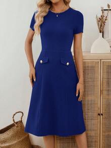 EMERY ROSE Women's Black Lace Patchwork Elegant Party Mid-Length Dress - Royal Blue - View 8