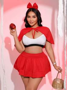 Fantasy Costume Fantasy Costume 3pcs Red Little Red Riding Hood Cosplay,Summer Curve Plus Size Low-Cut Ruffled Cloak,Mini Skirt & Lingerie Set For Rave Party,Music Festival - Red - View 1
