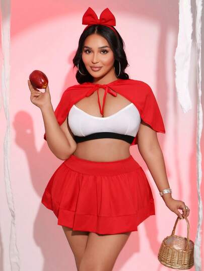 Conjunto de 3 piezas de Caperucita Roja para Halloween con capa con volantes y escote sexy, minifalda y lencería, disfraz talla grande para fiesta, festival de música, juego de roles