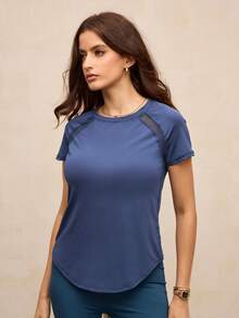 Activina Camiseta deportiva casual de unicolor, estilo minimalista adecuada para gimnasio de verano para mujeres - Azul Marino - Ver 4