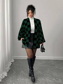 Elenzga 秋冬时尚休闲拼色棋盘格拼接长袖宽松大码女士开衫，适合女士、外套、度假、派对 - 綠色 - 查看 3
