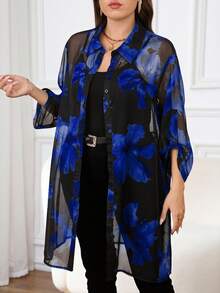 Reflora 大码女式花卉印花荷叶边袖口单排扣宽松衬衫 - 寶藍色 - 查看 5