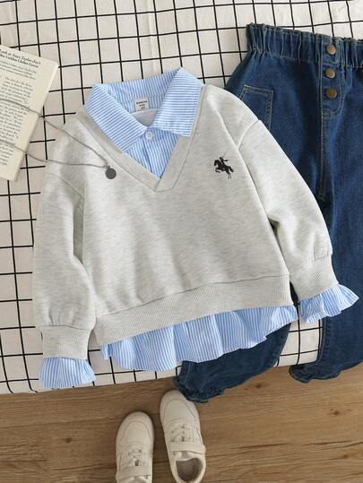 Genkimix Kids 1件装少女款男女通用灰色条纹套头卫衣，百搭春秋冬装，学院风，高品质面料，适合街头、通勤、上学、返校季穿着，可爱纯棉卫衣上装