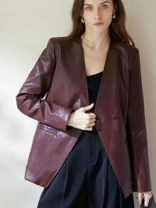 Aveloria Modichic Jaket Blazer Double-Breasted Longgar dari Kulit PU yang Elegan, Melangsingkan dan Bergaya - Burgundy - View 3