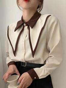 INAWLY Plus Size Women's Casual Commuting Contrast Color Patchwork Shirt Fall Cloth For Women - Apricot - View 1