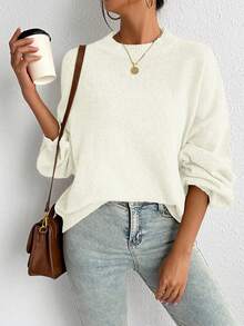 SoleilVie Sweater Rajut Lengan Panjang Kerah Bulat Model Longgar Gaya Prancis Kasual, Serbaguna untuk Musim Gugur/Musim Dingin - Krem - View 4